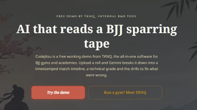 CodeJitsu landing page: "AI that reads a BJJ sparring tape"