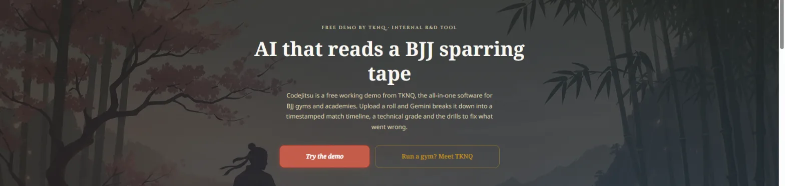 CodeJitsu landing page: "AI that reads a BJJ sparring tape"