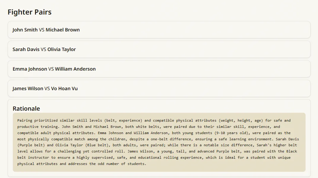 AI partner pairing: four pairs with the model's written reasoning on belt, experience, weight, height and age